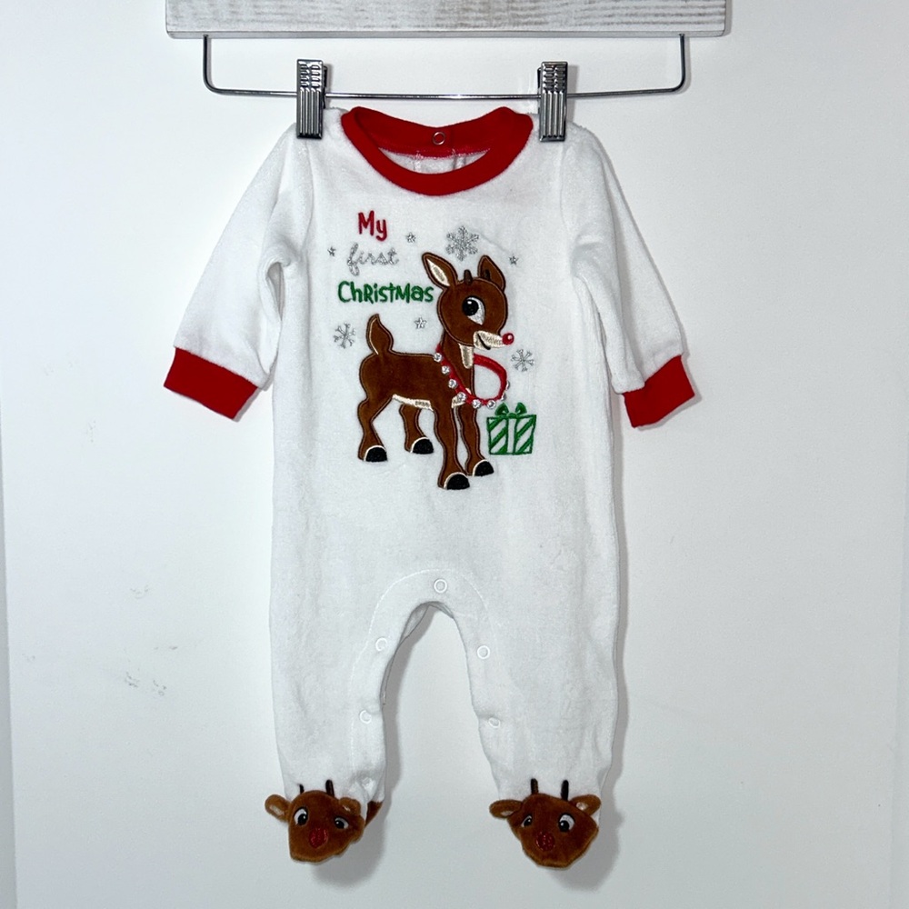 Baby Girl Rudolph 3‎ Month White Velour Christmas Footed Outfit